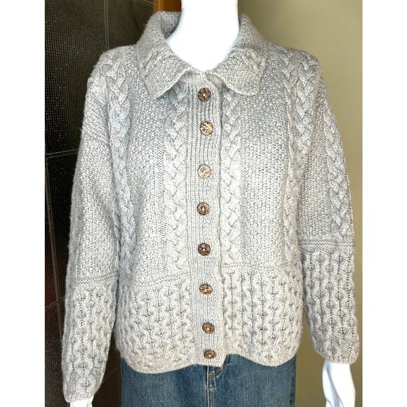 Cladyknit Irish Merino New Wool Cable Knit Cardigan Fisherman Sweater Collar Med - Picture 13 of 13